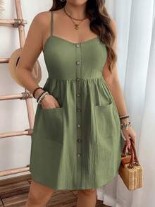 EMERY ROSE Plus Size Casual Daily Summer Pure Cotton Textured Fabric Pocket Waist Midi Strap Dress - Green - View 6