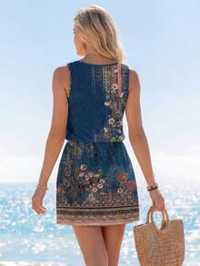 Sylviya 女士休闲藏蓝色碎花短裙，适合春夏穿着，女士夏季连衣裙，时尚连衣裙，度假装。 - 藍色 - 查看 2