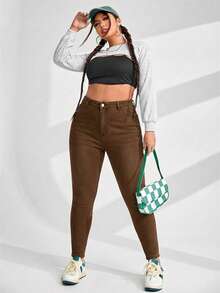 SHEIN ICON Plus Size Women High Waist Pockets Skinny Casual Versatile Jeans - Rust Brown - View 6