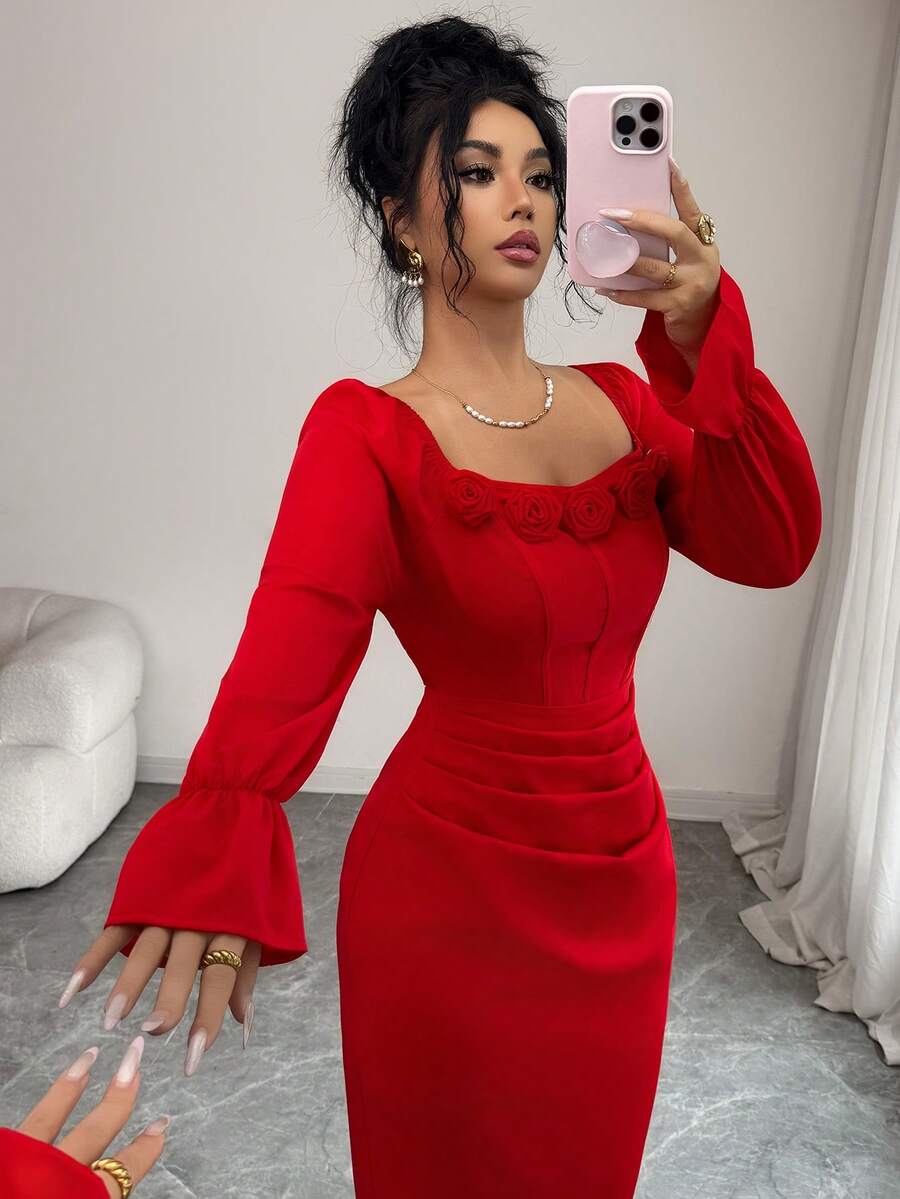 Rafferiza Red Retro Square Neck Dress/3D Rose Decor/Ruched Waist Design Flare Sleeve Elegant Party Dress - Red - View 1