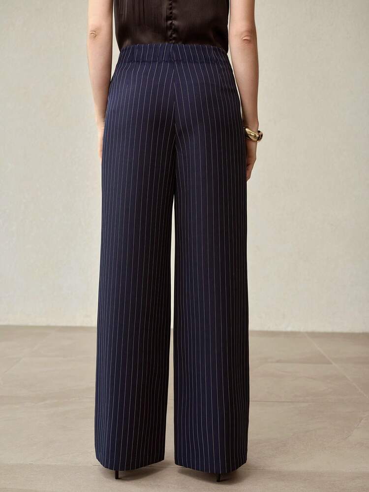WOMEN'S NAVY BLUE STRIPED METAL BUTTON CASUAL PANTS