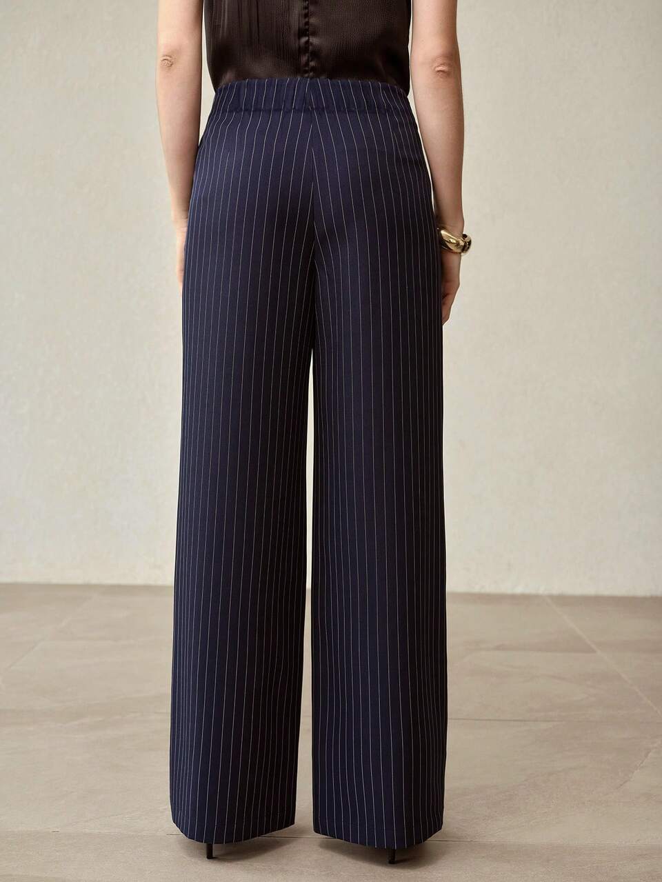 WOMEN'S NAVY BLUE STRIPED METAL BUTTON CASUAL PANTS