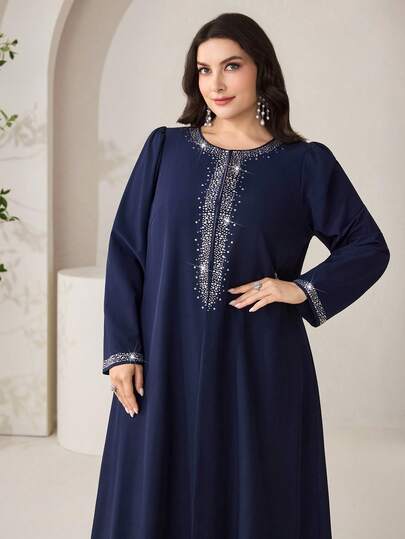Veilorie Plus Size Women's Rhinestone Decor Round Neck Elegant Long Sleeve Abaya