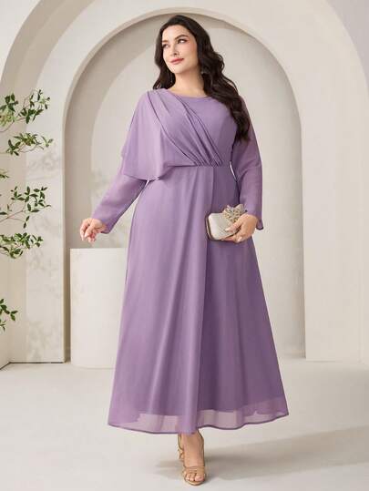 Veilorie Plus Size Women Solid Color Round Neck Long Sleeve Pleated Elegant Dress Formal Wedding Dark Purple Autumn