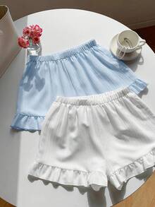 Comfortcana 2件套夏季休闲度假荷叶边宽松短裤 - 淺藍色 - 查看 2