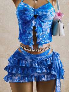 Bellisia Women's Summer Vacation Beach Tie-Dye Ruffle Halter Bikini Set With Cover-Up And Skirt - Multicolor - View 4