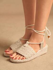 Rosivie Giày sandal vải lanh nữ mùa hè mới, kiểu dáng retro, giày rơm, thoáng khí, thấm hút mồ hôi, làm thủ công, giày vải lanh nữ. - Màu be - Xem 3