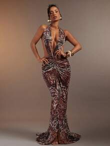 Hauture 女士性感抽象动物花卉褶皱露背开衩吊带连衣裙 - 墨綠色 - 查看 2