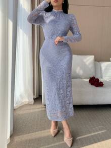 DAZY 女士优雅蕾丝立领中长连衣裙，春夏婚礼宾客礼服 - 藍色 - 查看 5