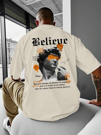 Manfinity Roghcode חולצת טי לגברים עם צווארון עגול ועם אותיות ופסלים - חולצת טי עם צווארון עגול ושרוולים קצרים - אני מאמין בך - חולצת טי לגברים בצבע בז' - חולצת טי לגברים בצבע קרם - חולצת טי לגברים