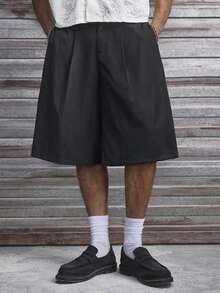 AXEPEAK 男士夏季休闲日常通勤简约纯色褶皱宽松阔腿短裤 - 黑色 - 查看 3