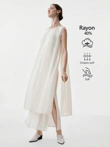 Aalyst Đầm maxi 2 trong 1 dành cho nữ, cổ tròn, xếp ly, dáng rộng, không tay, xẻ cao, màu mơ, kiểu dáng thanh lịch, cổ điển Pháp, lãng mạn, tối giản, phù hợp cho công sở, đi làm, kinh doanh, thường ngày, đi biển, hẹn hò, đám cưới, mùa xuân/hè. - trắng - Xem 1