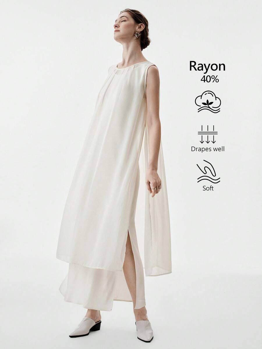 Aalyst Đầm maxi 2 trong 1 dành cho nữ, cổ tròn, xếp ly, dáng rộng, không tay, xẻ cao, màu mơ, kiểu dáng thanh lịch, cổ điển Pháp, lãng mạn, tối giản, phù hợp cho công sở, đi làm, kinh doanh, thường ngày, đi biển, hẹn hò, đám cưới, mùa xuân/hè. - trắng - Xem 1