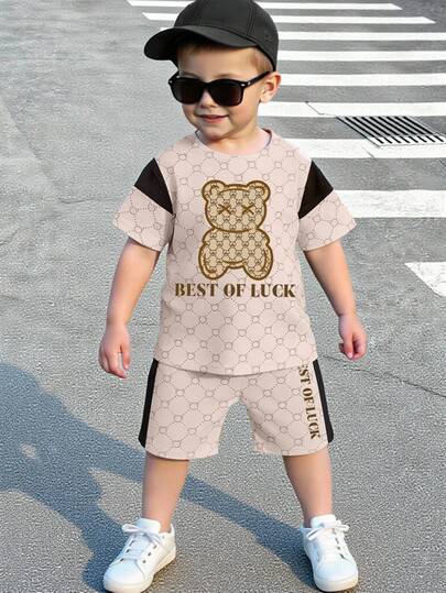 Spring And Summer Toddler Boys' Casual Fashion Creative Personalized Refreshing Simple Cute Lucky Bear Contrast Color Graphic Print Comfortable Daily Outfit Cozy Summer Styles, Suitable For Spring And Summer Occasions