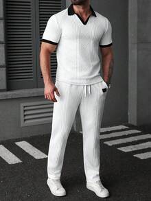 Manfinity Homme Men's Casual Contrast Cuff Polo Shirt Set - White - View 4
