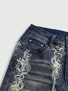 ROMWE Grunge Punk Plus Size Retro Washed Print Flare Jeans - Blue - View 3