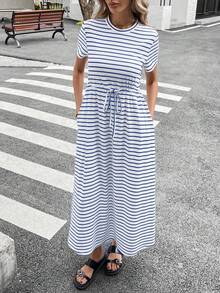 Siren Gaze 女士条纹印花扭结圆领休闲短袖中长连衣裙 女士夏季连衣裙 女士夏季穿搭 条纹夏季连衣裙 条纹连衣裙 女士休闲穿搭 连衣裙 - 藍色 - 查看 5