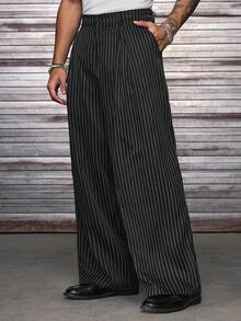 AXEPEAK Plus Size Men's Casual Everyday Commute Striped Side Pocket Wide Leg Pants - Black - View 1