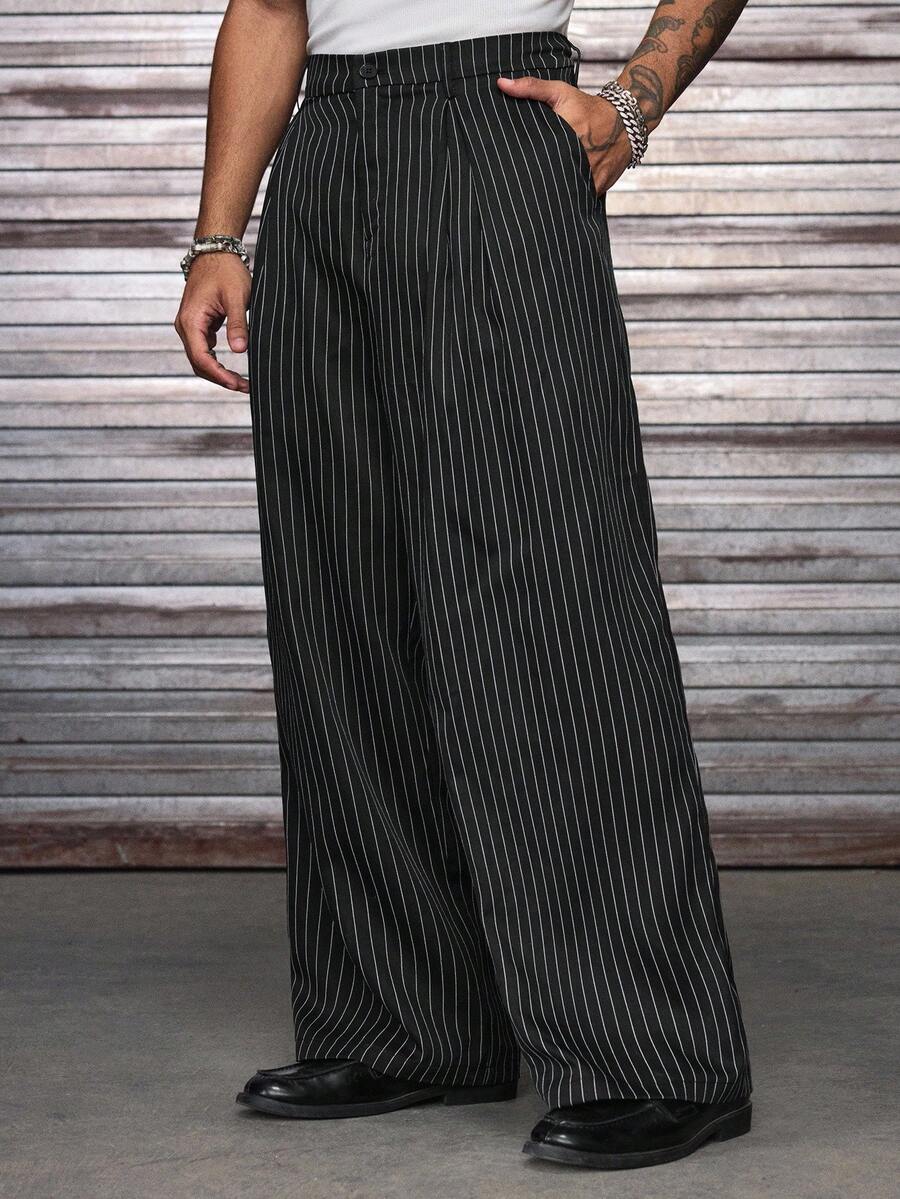 AXEPEAK Plus Size Men's Casual Everyday Commute Striped Side Pocket Wide Leg Pants - Black - View 1
