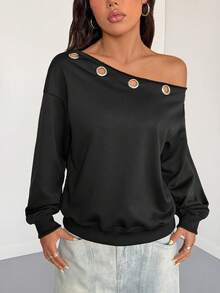 StreetHx Petite Women's Fashion Metal Decor Black Sweatshirt ,Petite Women - Black - View 3