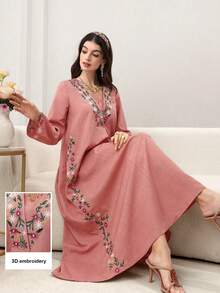 Al Najma Áo Abaya dài tay cổ chữ V, dáng xòe, thêu hoa, màu hồng. - Hồng - Xem 5