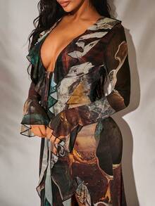 Radiana Women's Elegant Romantic Marble Print Ruffle Hem Dress, Fitted Dress, Low-Cut Dress, High Slit Dress, Flowy Mesh Dress, Date Night Dress, Vacation Dress, Music Festival Dress, Suitable For Night, Date, Party, Birthday, Nightclub, Cocktail, Music Festival, Vacation, Beach, Island, Holiday - Multicolor - View 5