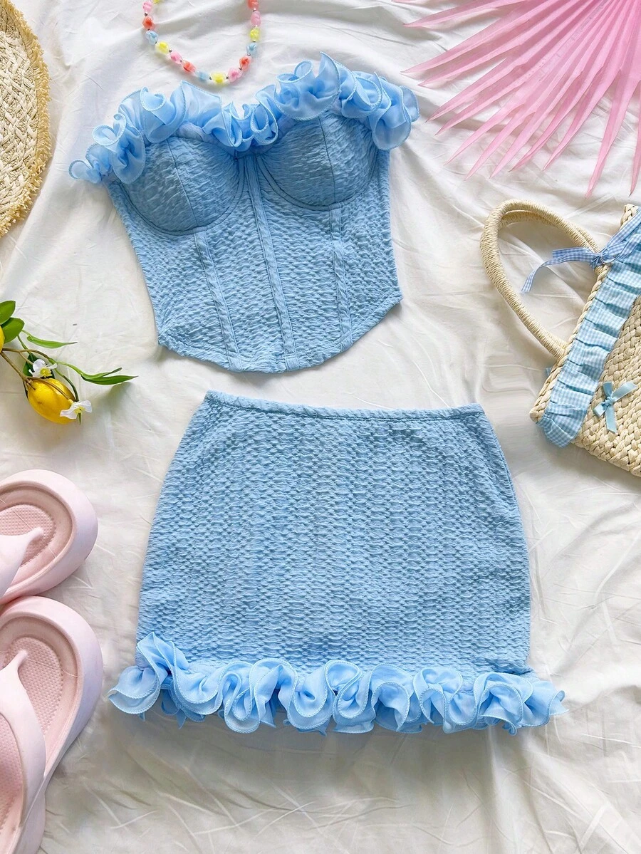 Soleia Women's Solid Color Ruffle Hem Bandeau Top And Mini Skirt 2 Pieces Set - Baby Blue - View 1