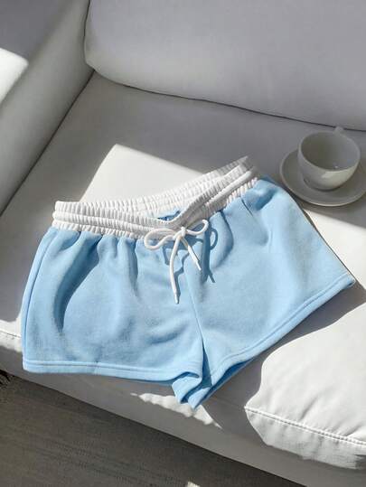 Comfortcana Women's Summer Blue & White Contrast Color Drawstring Waist Loose Casual Shorts, Suitable For Fitness Cute Summer Shorts Light Blue Shorts