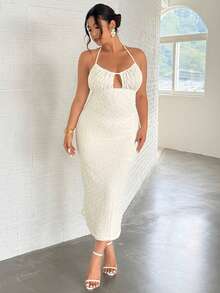 Firerie Plus Size Elegant Holiday Minimalist Romantic Date Draped Neck Bustier Textured Bodycon Slim Fit Maxi Dress, Boho Women Mini Dresses, Fairycore, Women's Elegant Sexy Delicate Romantic Fashion New Wedding Guest Music Festival Party Daily Vacation Backless Tie Strap Textured Bodycon Midi Dress, Beach Outfits For Women, Airport Outfit Women, Vacation Outfits - Apricot - View 6