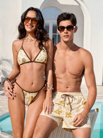 Manfinity VDAYZ 男士度假抽绳腰带亮片印花休闲沙滩短裤