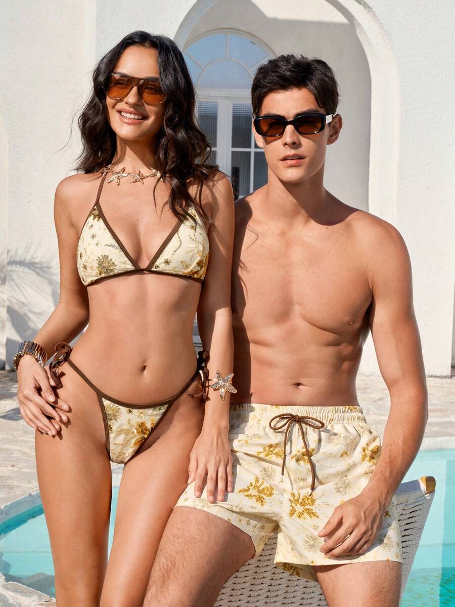 Manfinity VDAYZ 男士度假抽绳腰带亮片印花休闲沙滩短裤 - 彩色 - 查看 1