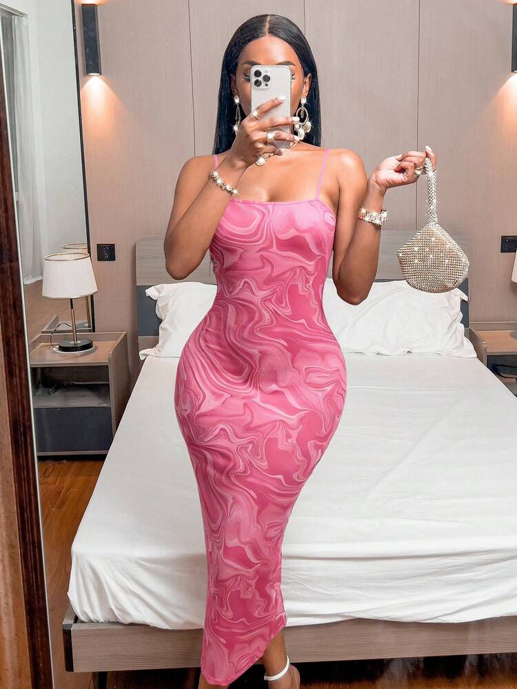 Xyvia Full Print Backless Summer Elegant Spaghetti Strap Sleeveless Dress (Random Prints) Burgundy Maxi Women Outfit - Pink - View 5