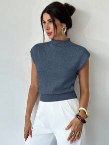 Firerie Elegant High Neck Loose Casual Versatile Sleeveless Knit Sweater Vest Going Out Tops Women,Tops For School In Fall/Winter - Blue - View 4