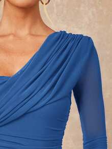 Lumalex 女士优雅性感酒红色不对称领交叉褶皱腰部开衩下摆长袖修身连衣裙，春夏款 - 寶藍色 - 查看 4