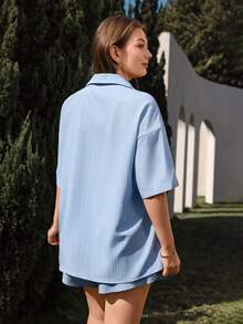 Juhart Bộ 2 món áo sơ mi cổ bẻ và quần short nữ cỡ lớn, thích hợp cho hoạt động ngoài trời mùa xuân/hè. - Màu xanh lam - Xem 2