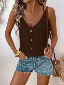 Áo camisole nữ màu trơn, thiết kế cài nút, dáng rộng thoải mái. - Cà phê nâu - Xem 5
