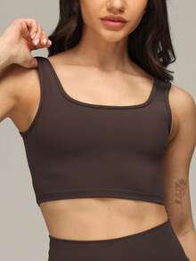 Sigmas Women's Square Neck Tank Yoga Workout Top - Coffee Brown - View 3
