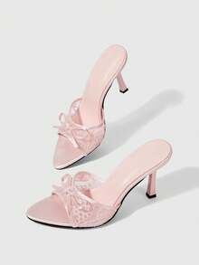Sleekvia 新款时尚百搭水钻蝴蝶结细高跟凉鞋，圣诞节必备 - 粉色網料 - 查看 10