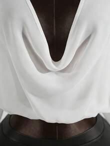 Lyxana 女士休闲、度假、日常通勤简约纯色垂褶领短款半透明衬衫，春夏款 - 白色 - 查看 4