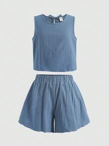 SHEIN 女童灰蓝色蝴蝶结装饰无袖上衣和短裤休闲时尚套装，适合户外活动 - 藍色 - 查看 2