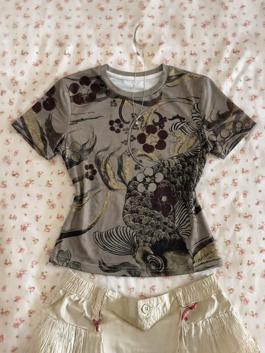 Glimmora Áo thun ngắn tay in họa tiết phong cách Trung Hoa dành cho nữ, món quà tuyệt vời cho bạn bè - trắng - Xem 1