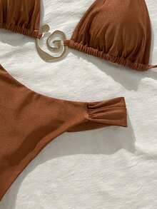 Swim Vcay 2件套女士纯色性感V领挂脖系带比基尼上衣和三角泳裤泳装套装，夏季 - 棕色 - 查看 5