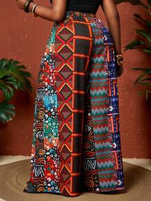 SHEIN CURVE+ Curve 尺码 US22 音乐节、海滨度假、波西米亚风 2026 春夏新款度假风多色图案元素印花宽松加长女裤 - 彩色 - 查看 3