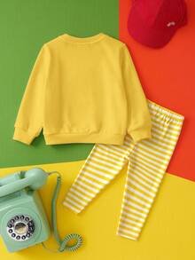 LOONEY TUNES X SHEIN 2 件套女婴卡通崔迪鸟刺绣卫衣和黄白条纹印花打底裤，适合秋冬季 - 黃色 - 查看 2