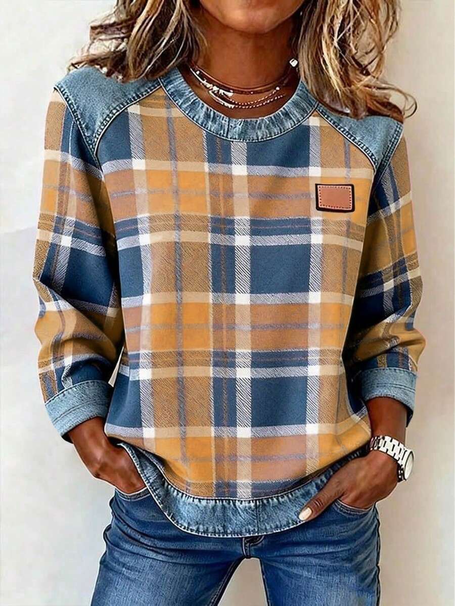 EMERY ROSE Women's Plaid Round Neck Long Sleeve Casual Loose T-Shirt - Multicolor - View 1