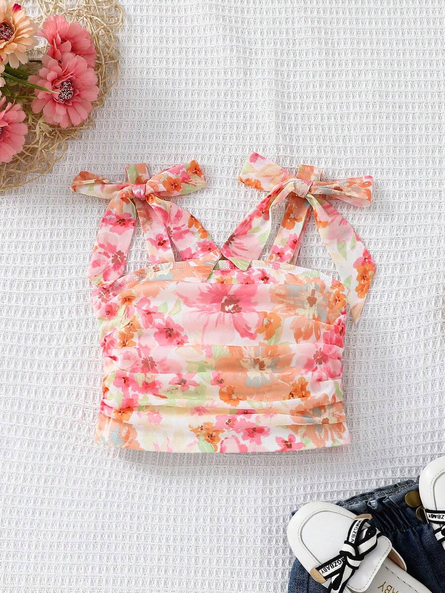 SHEIN Áo hai dây xếp ly họa tiết hoa nhí cho bé gái - Nhiều màu - Xem 1