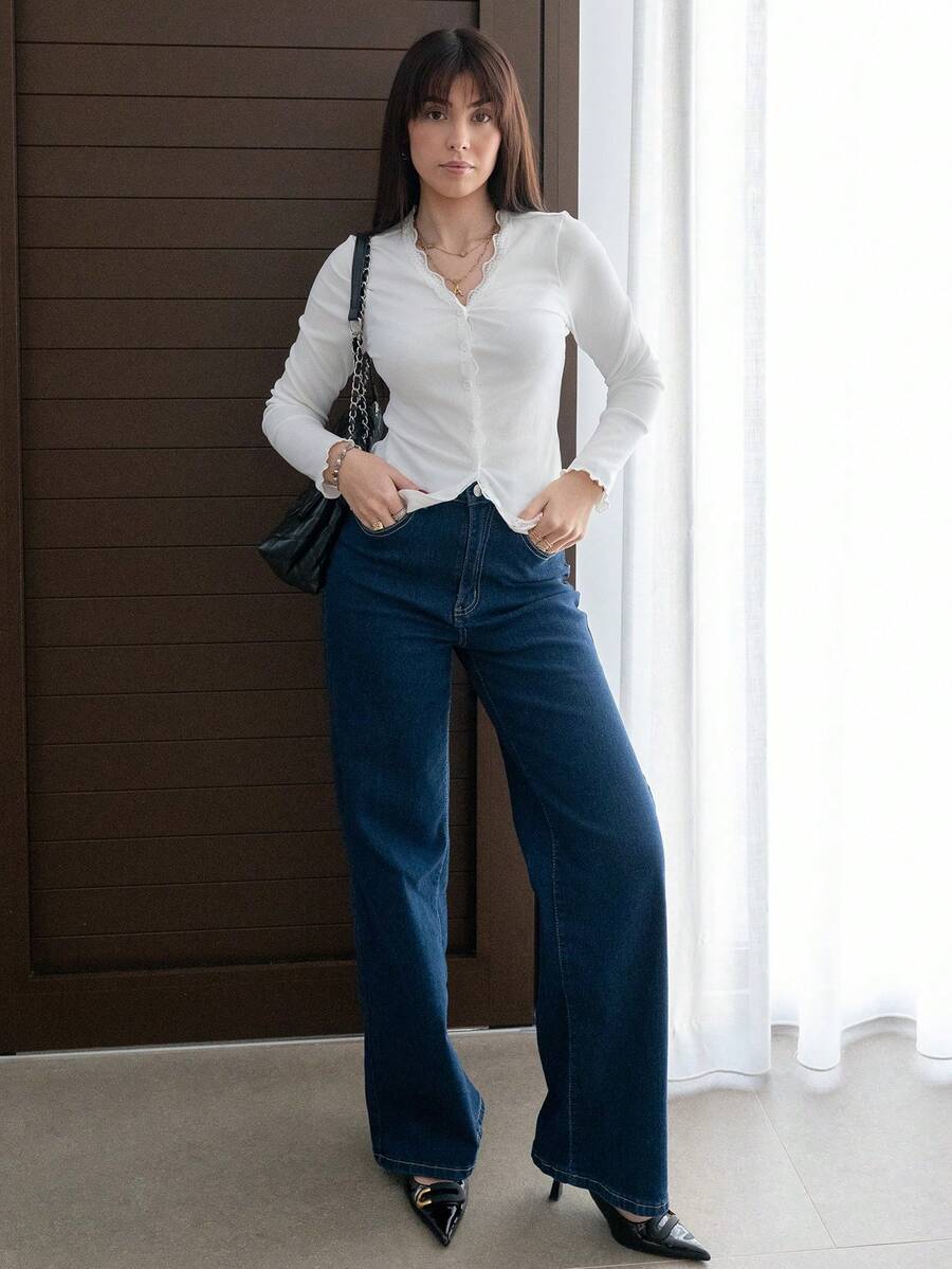 Hitanina 女士蕾丝荷叶边修身开衫长袖白色上衣 - 白色 - 查看 1