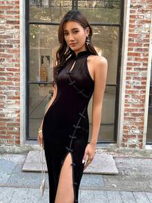 EastFlair 黑色丝绒短袖旗袍，长款，饰有中国结纽扣和开衩，现代中式风格，女士夏季连衣裙，夏季服装，夏季度假服装，女士春季服装，情人节，女士情人节服装，优雅派对礼服，优雅派对礼服，休闲长裙 - 黑色 - 查看 7