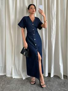 Siren Gaze 欧美女式时尚设计深色牛仔长裙 - 深色水洗藍 - 查看 6