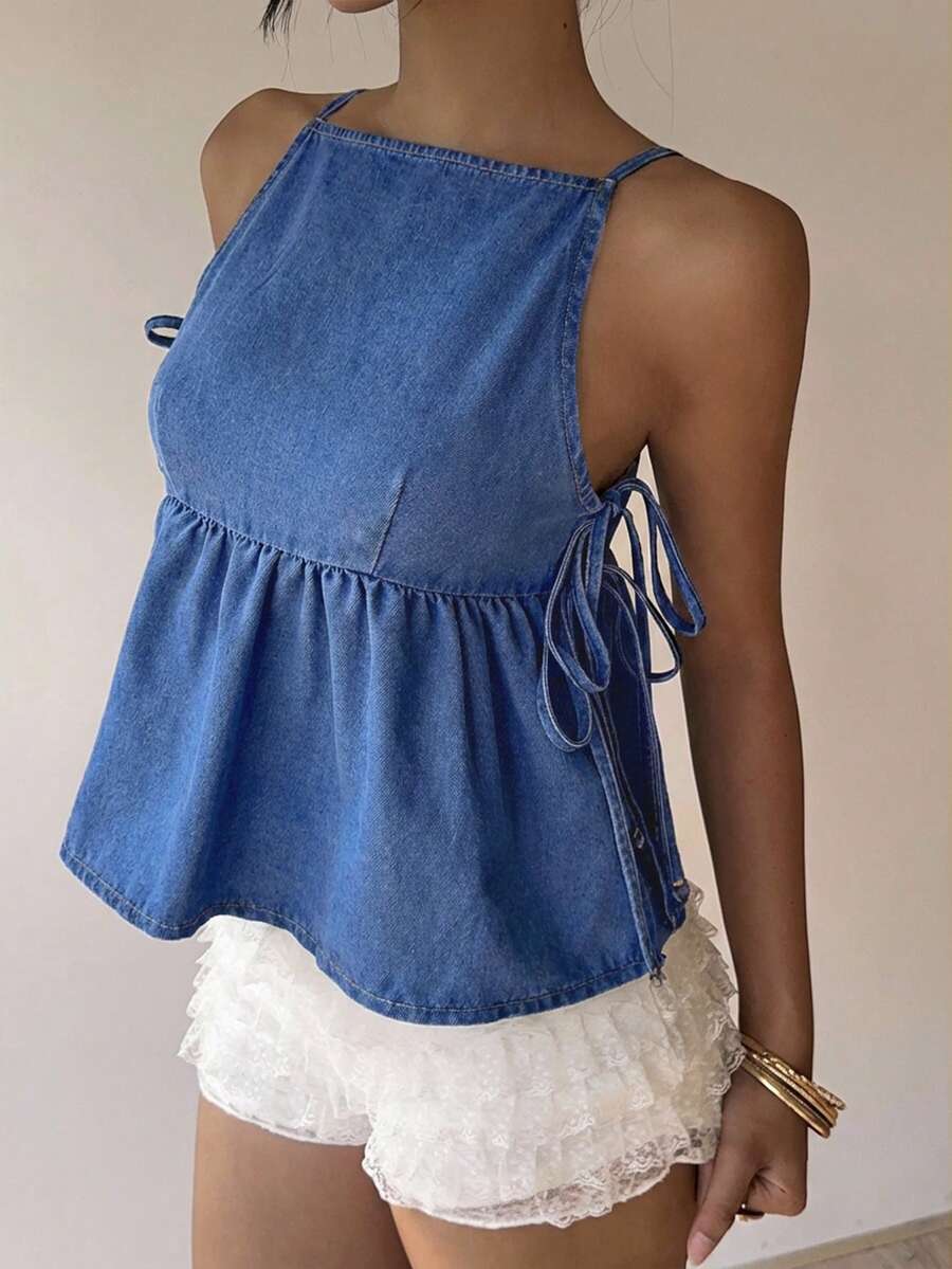 Siren Gaze 女士纯色荷叶边下摆系带无袖休闲牛仔衬衫 - 中等水洗藍 - 查看 1